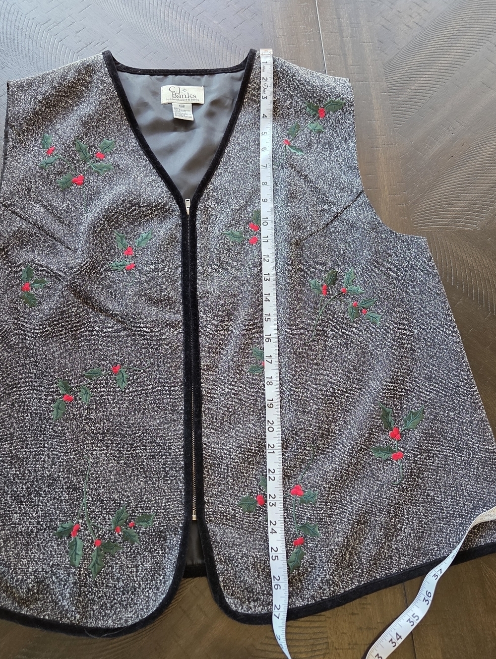 C.J. Banks Holly Berry Embroidered Holiday Vest Plus Size 18W Black Silver Zip - Picture 11 of 12